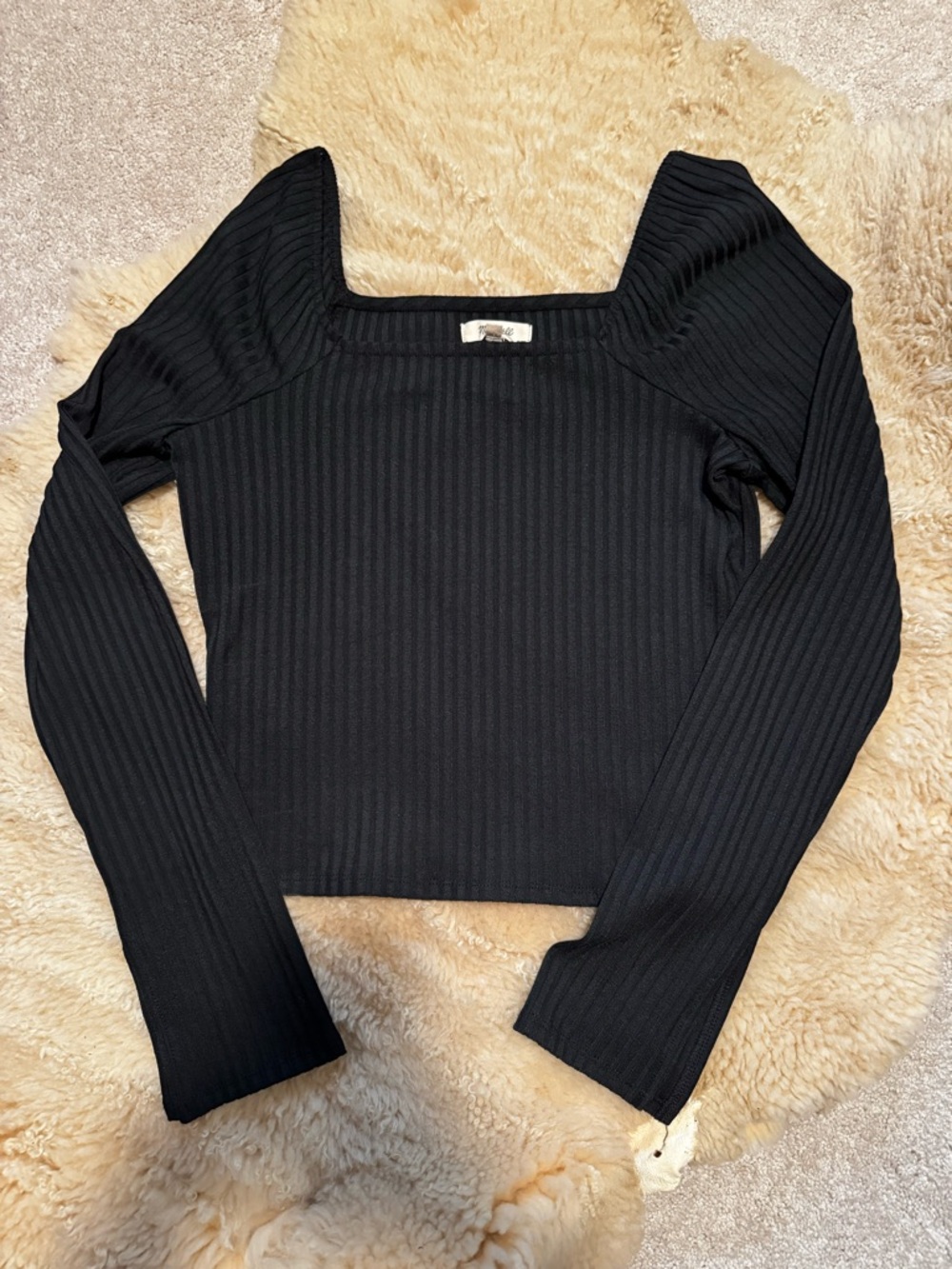 Madewell Black Ribbed Square-Neck Long Sleeve Tee